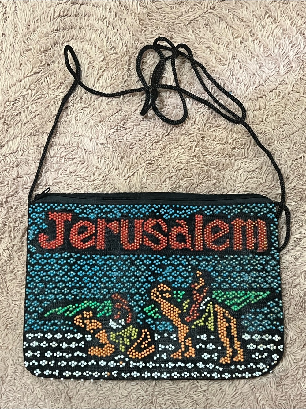 Jerusalem Beaded Crossbody Bag - Black with Red and Teal Accents
